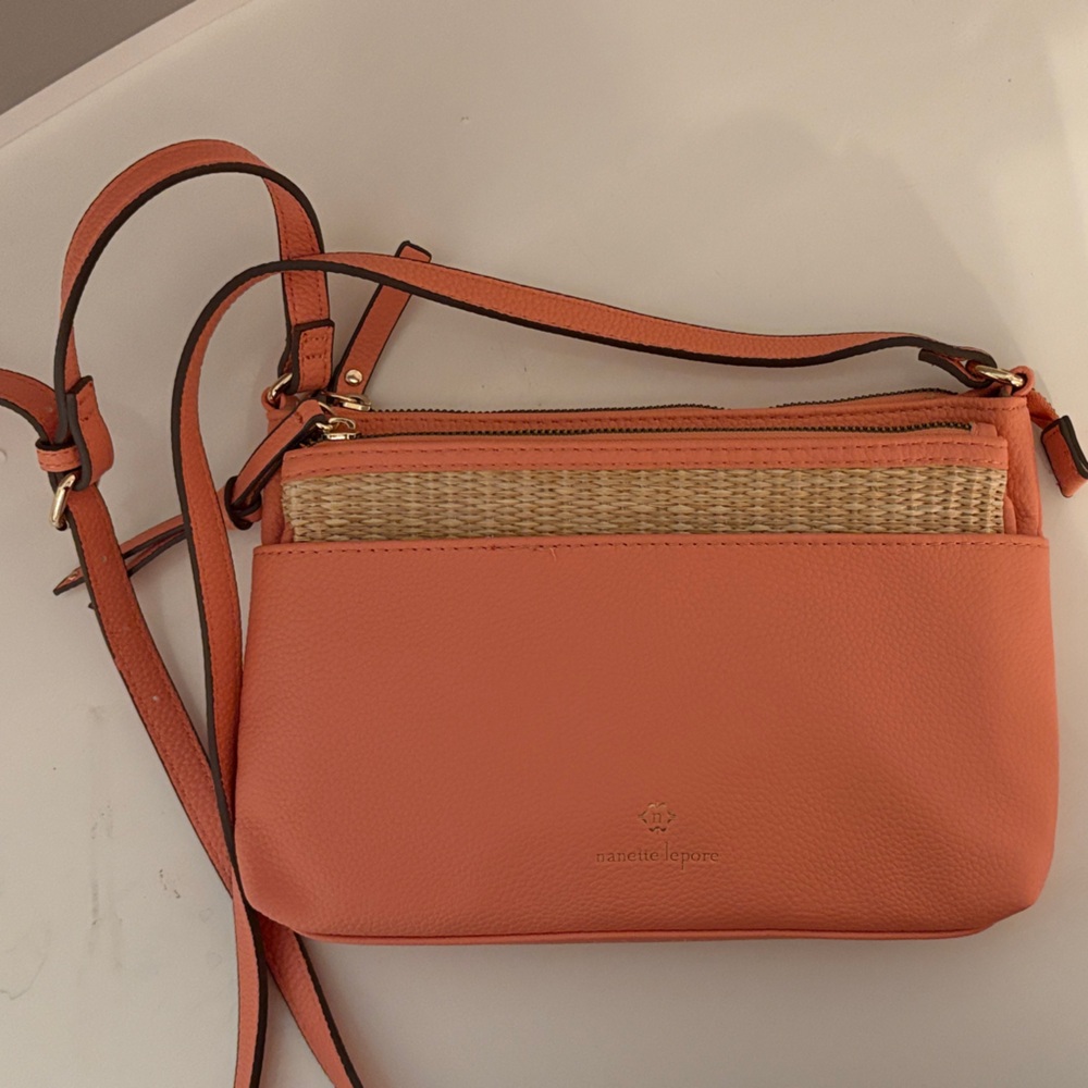 Nanette Lepore peach  and straw Crossbody Bag
